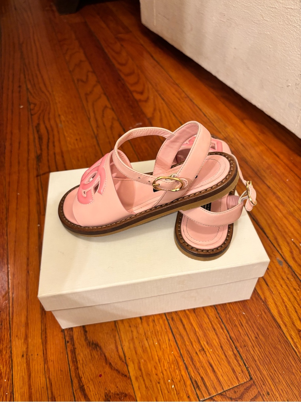 Dolce & Gabbana Kids Pink Leather Slingback Sandals with Gold Buckle